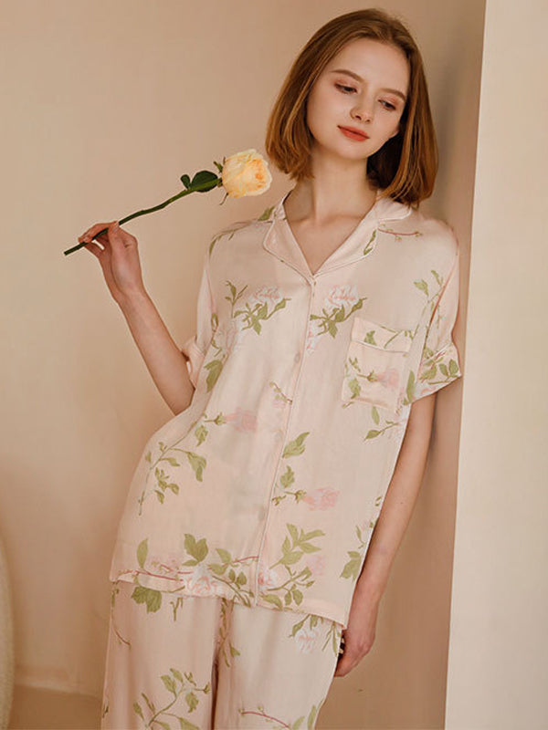 Flower Print Cotton Short Sleeve Pajamas