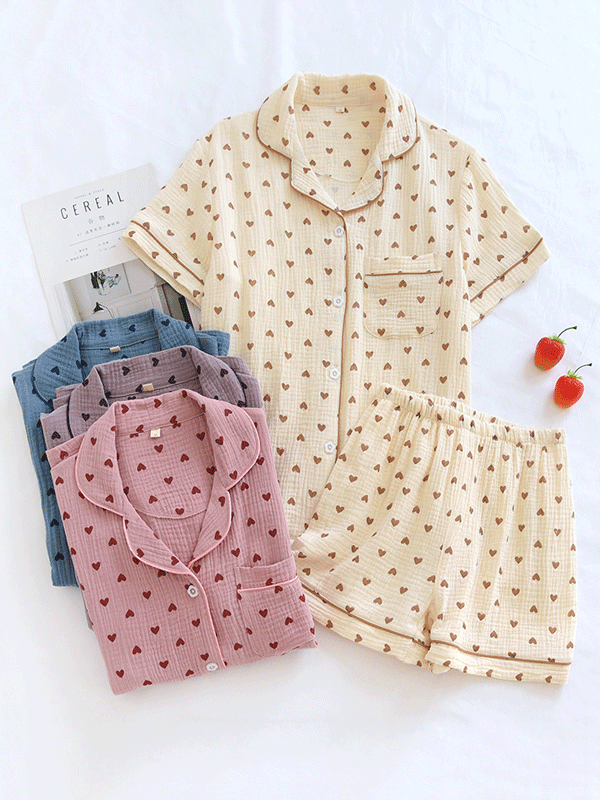 Short Sleeve Heart Print Cotton Pajama Set