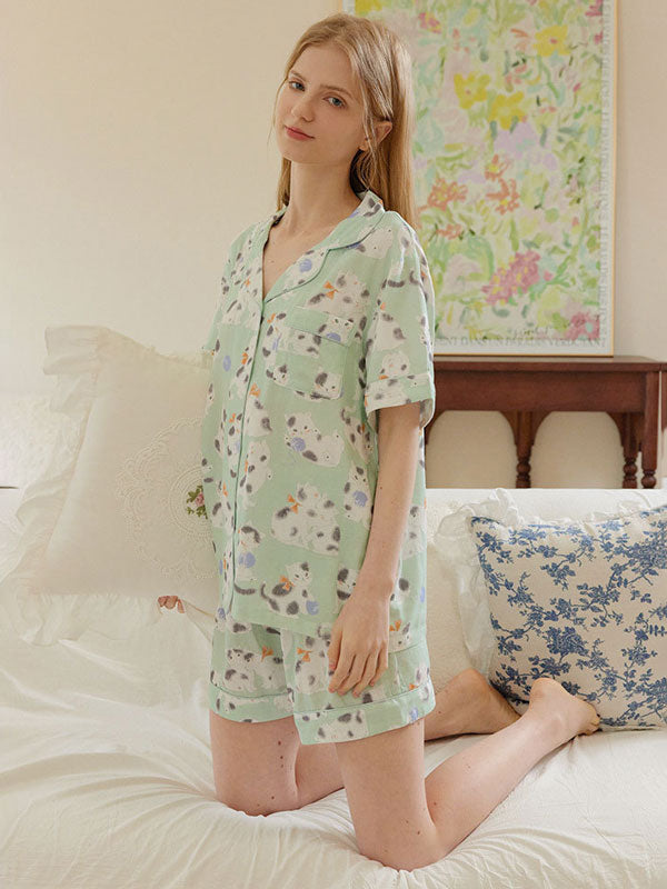 Short Sleeve Cute Cats Printed Pajama Set