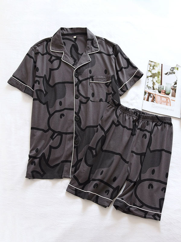 Cartoon Cow Print Button Up Pajama Set