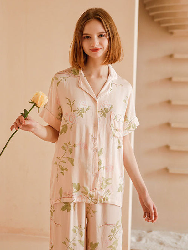 Flower Print Cotton Short Sleeve Pajamas