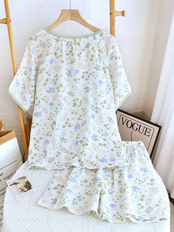 Short Sleeve Button Decor Floral Print Pajamas Set