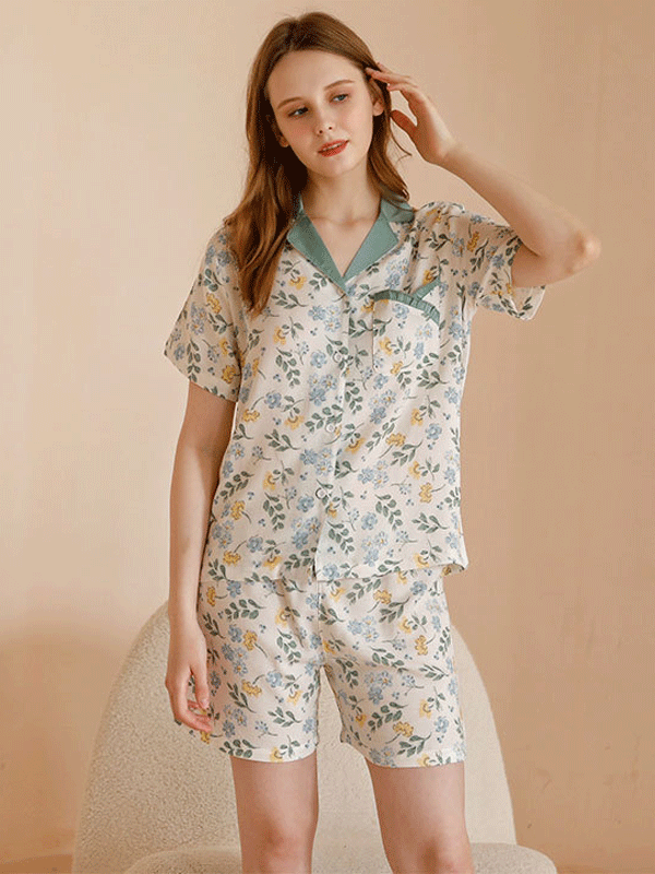 Short Sleeve Floral Print Button Down Pajama Set