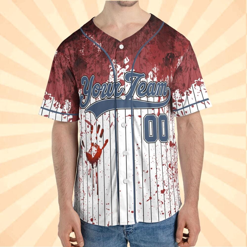 Personalized Blood Stain Blue Halloween Baseball Jersey