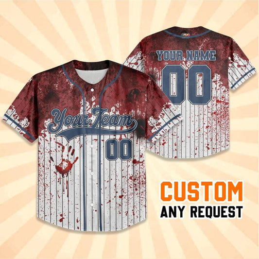 Personalized Blood Stain Blue Halloween Baseball Jersey