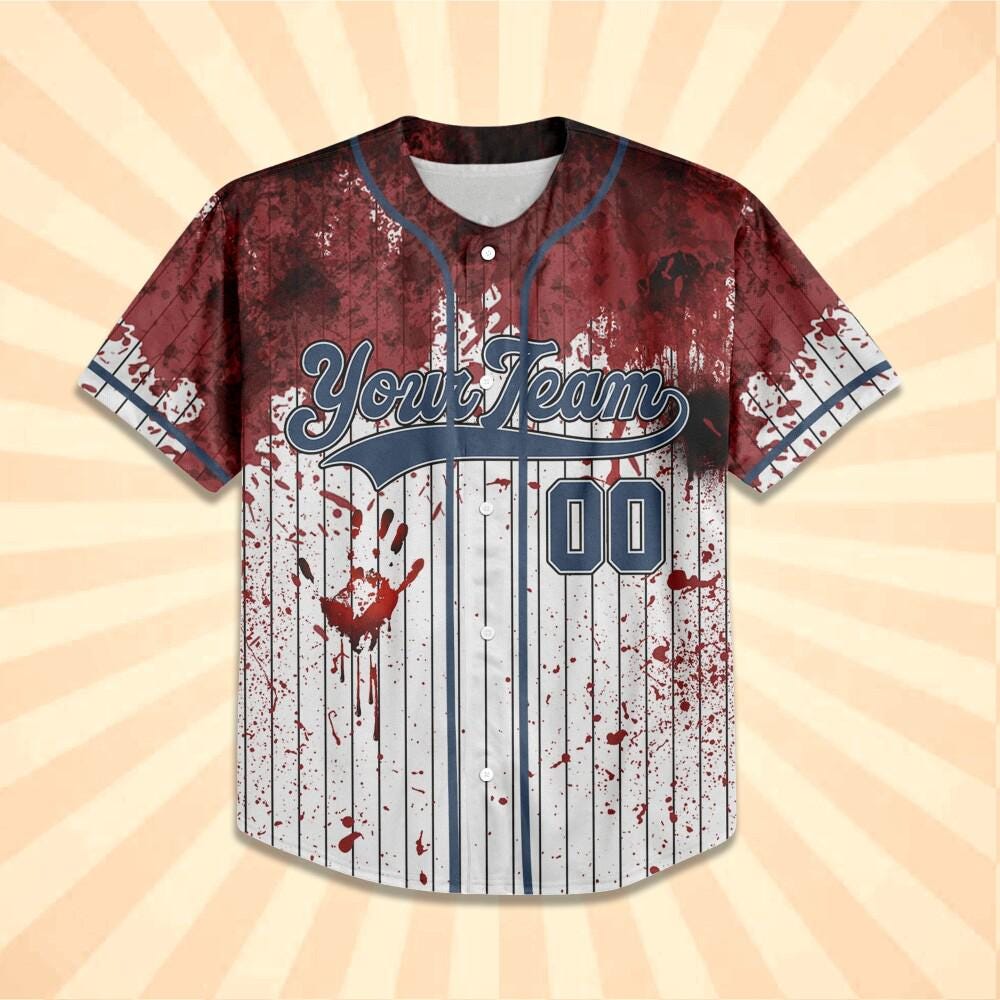 Personalized Blood Stain Blue Halloween Baseball Jersey