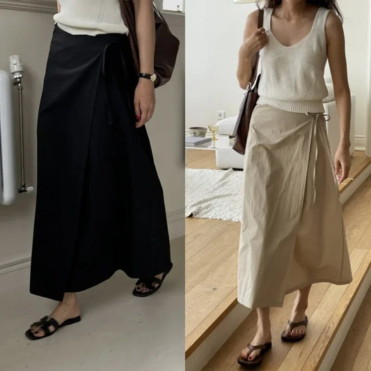 🌸 High-Waist Midi Skirt with Side Tie – Korean Vintage Chic