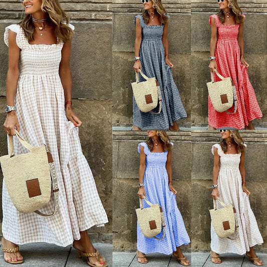 💃 Plaid Ruffle Maxi Dress