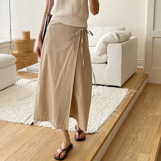 🌸 High-Waist Midi Skirt with Side Tie – Korean Vintage Chic