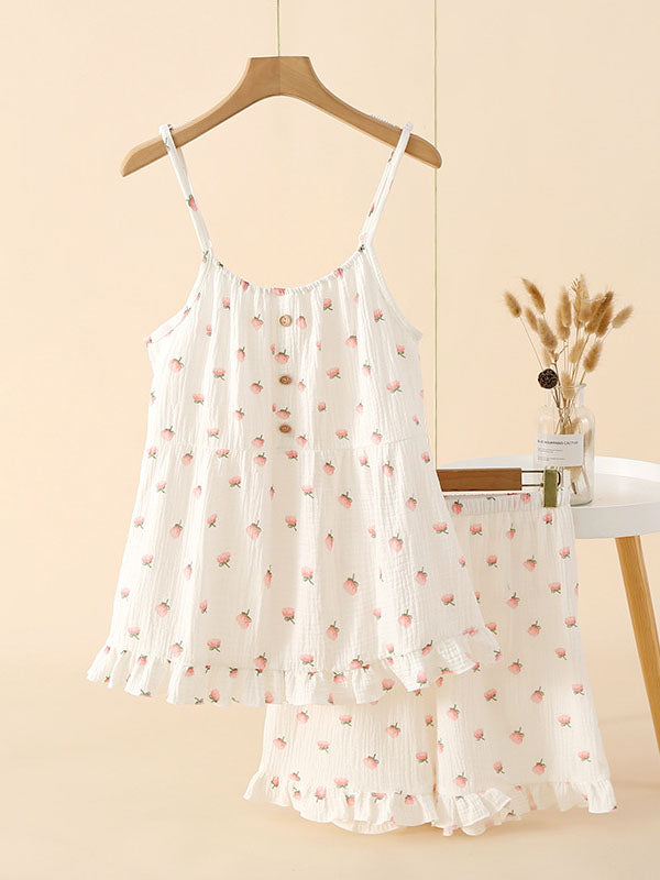 Kapok Print Spaghetti Strap Top Shorts Pajama Set