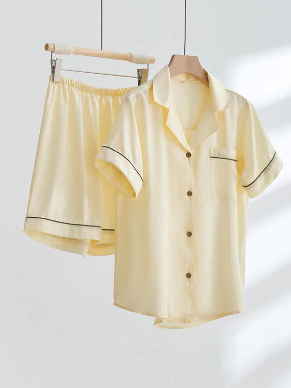 Summer Solid Silk Shirt Shorts Pajamas Set