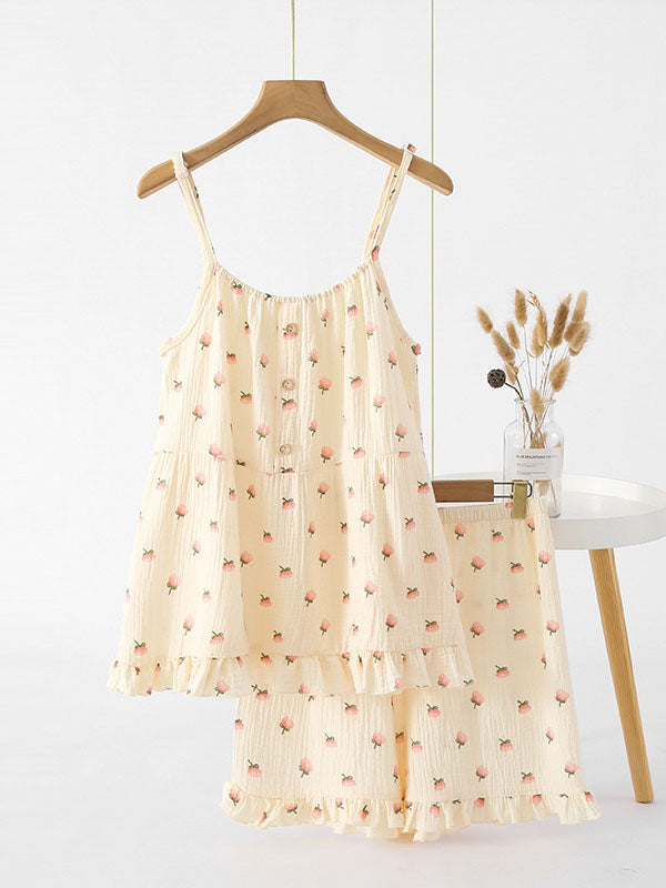 Kapok Print Spaghetti Strap Top Shorts Pajama Set