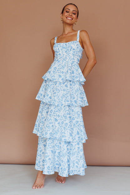 Provence Bloom Tiered Midi Dress Floral Blue