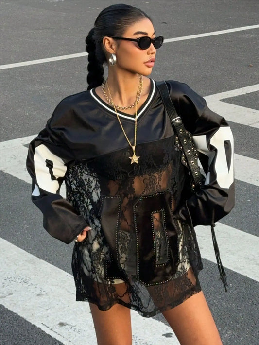 Sexy Lace Mesh Letter Print Jersey Top for Women