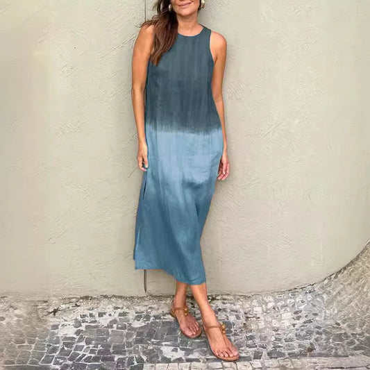 🌺 Gradient Floral Patchwork Midi Dress – Sleeveless &amp; Breezy for Summer