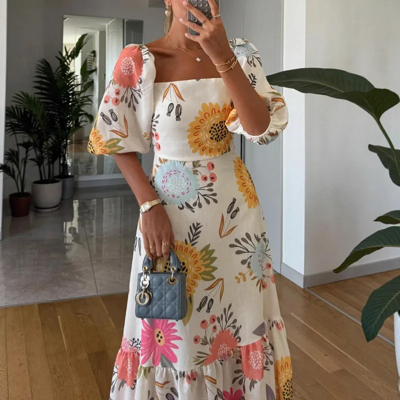 Square Neck Floral Print Puff Sleeve Midi Dress