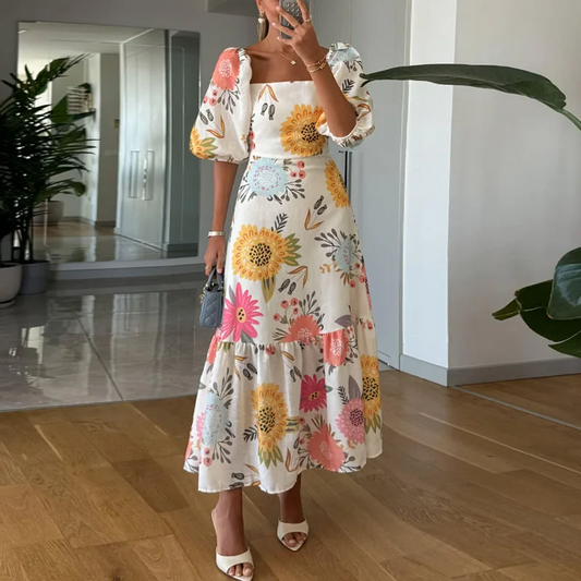 Square Neck Floral Print Puff Sleeve Midi Dress