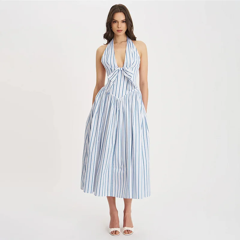 Halter Backless Dress Sexy Striped
