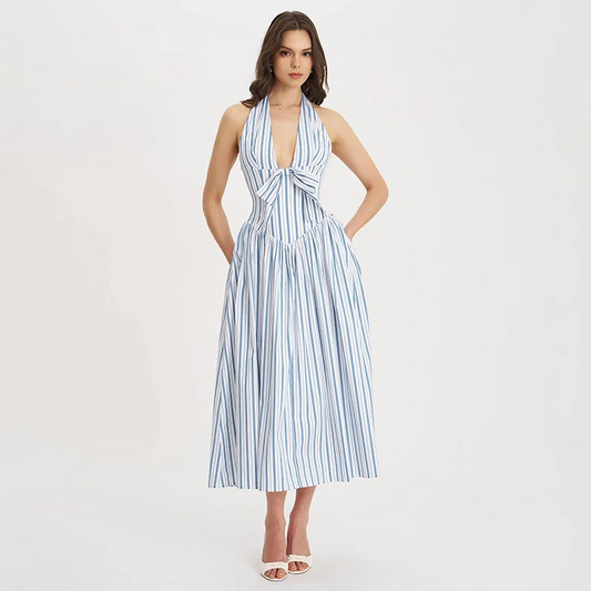 Halter Backless Dress Sexy Striped