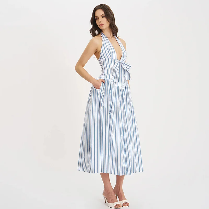 Halter Backless Dress Sexy Striped