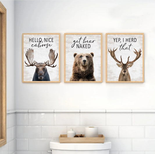 Set of 3 Bathroom Moose, Bear & Deer Canvas