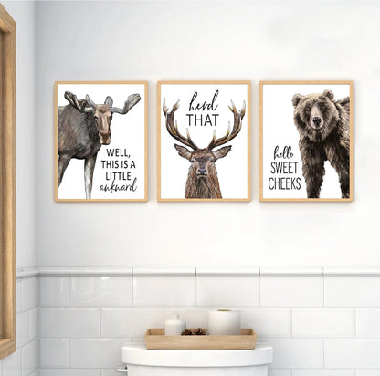 Set of 3 Bathroom Funny Moose, Bear & Deer Canvas