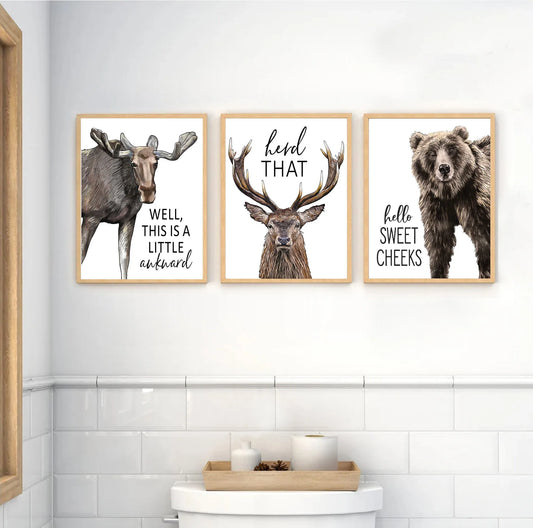 Set of 3 Bathroom Funny Moose, Bear & Deer Canvas